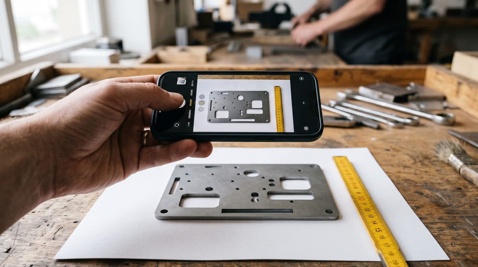 Smartphone fotografiert senkrecht von oben ein Blechteil auf weißem Papier, daneben ein Zollstock
