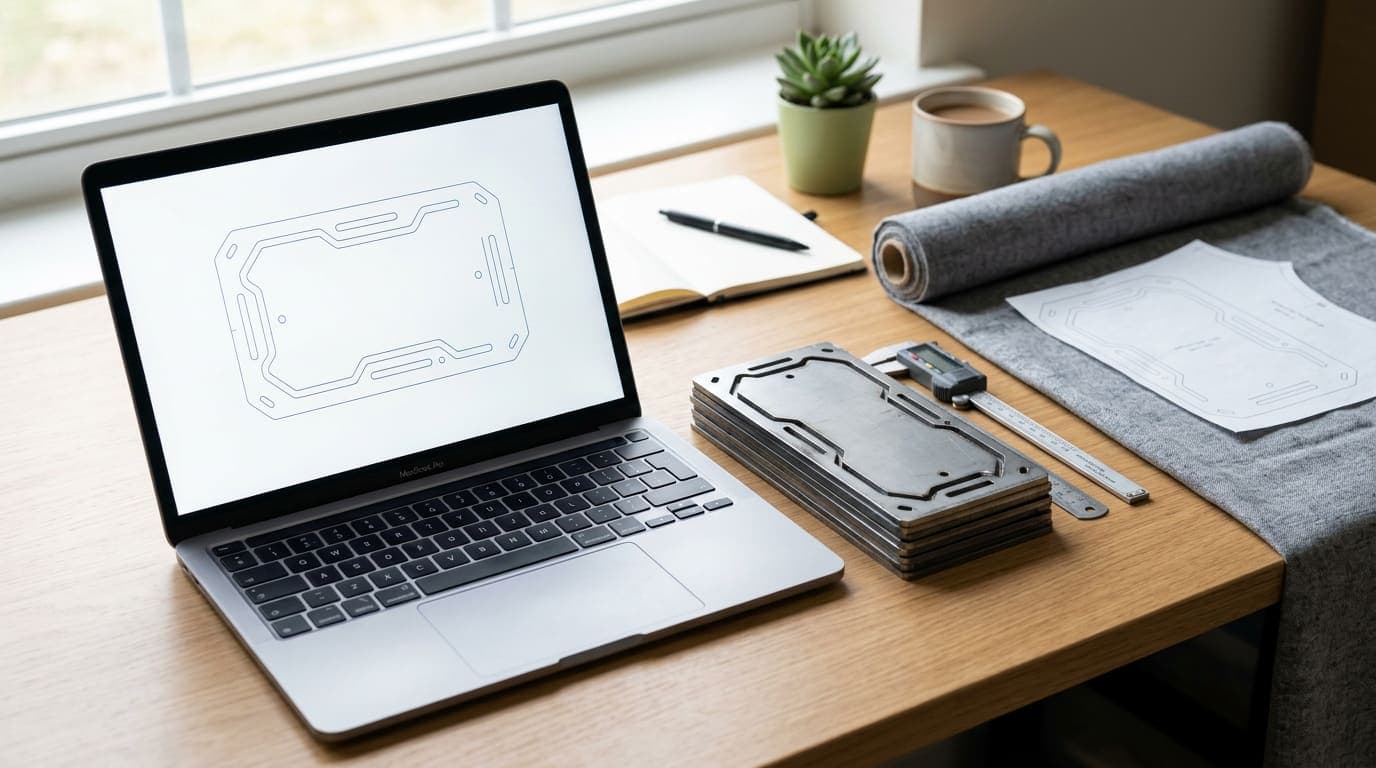 Schreibtisch mit Laptop, auf dem eine CAD-Kontur zu sehen ist, daneben flache Blechteile und ein Stoff mit einem Papierschnittmuster