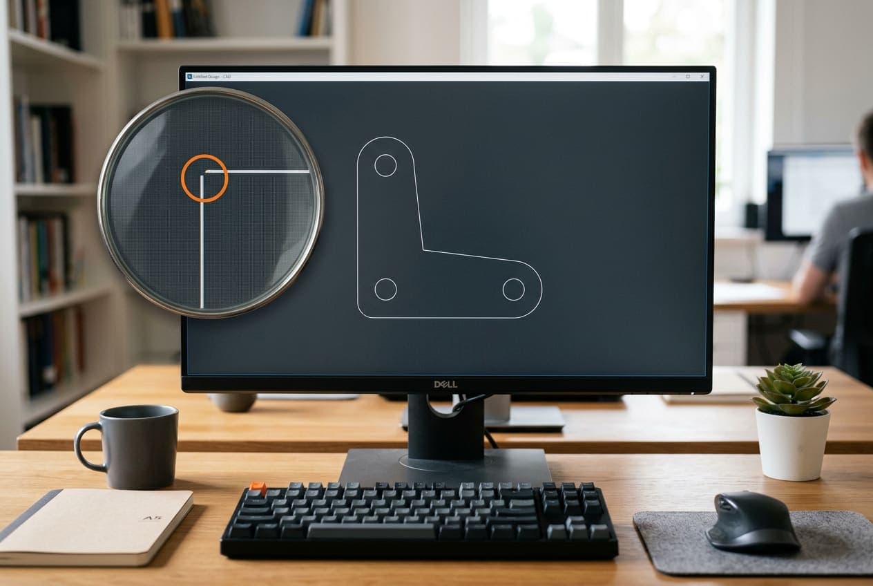 Bildschirm mit der CAD-Kontur eines Winkelblechs, eine Ecke ist mit einer Lupe vergrößert und orange markiert