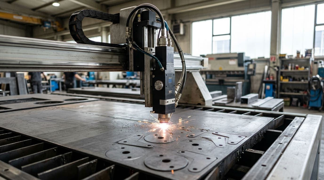 Laserschneidkopf über einem Stahlblech, im Blech sind mehrere Teile mit Bohrungen bereits ausgeschnitten