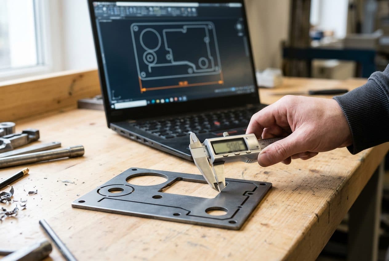 Hand misst eine lasergeschnittene Stahlplatte mit dem Messschieber, im Hintergrund zeigt ein Laptop dieselbe Kontur mit einer orange markierten Maßlinie