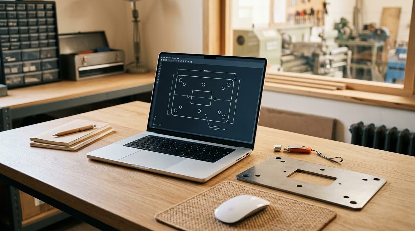 Laptop auf einem Werkstattschreibtisch zeigt die CAD-Kontur einer Montageplatte, daneben ein USB-Stick und die passende lasergeschnittene Platte