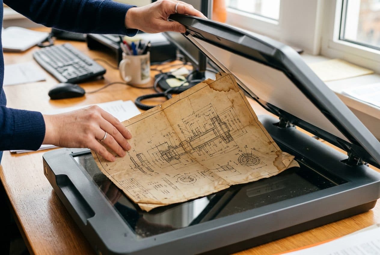 Vergilbte Papierzeichnung auf einem Flachbettscanner