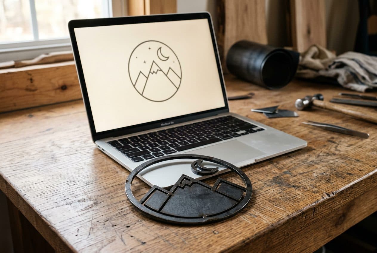 Laptop mit einem Emblem aus Kreis, Bergen und Mondsichel als Vektorkontur, davor dasselbe Emblem als geschnittenes Stahlschild, die Mondsichel liegt lose daneben